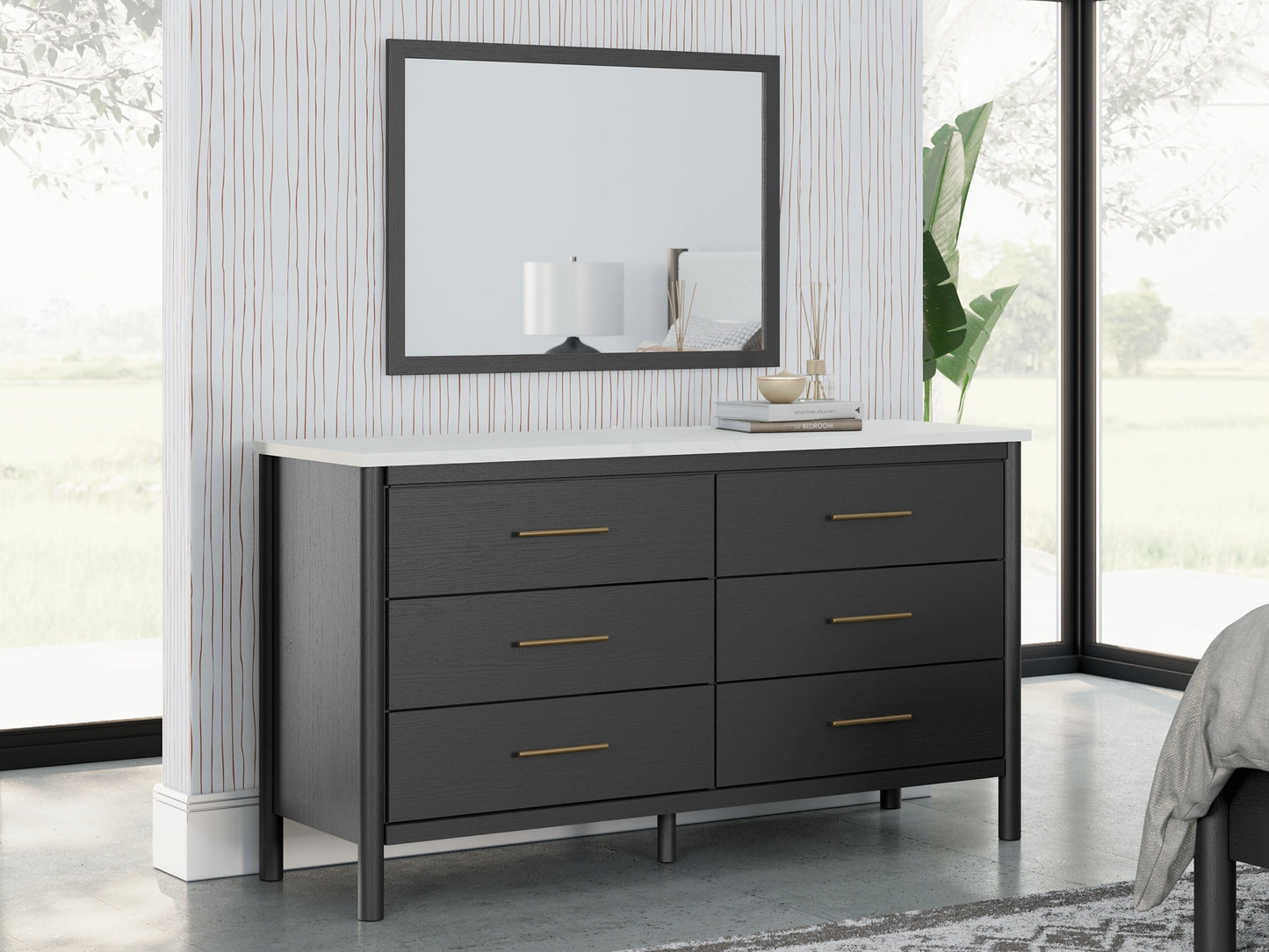 Cadmori Full Upholstered Panel Bed with Mirrored Dresser and Nightstand