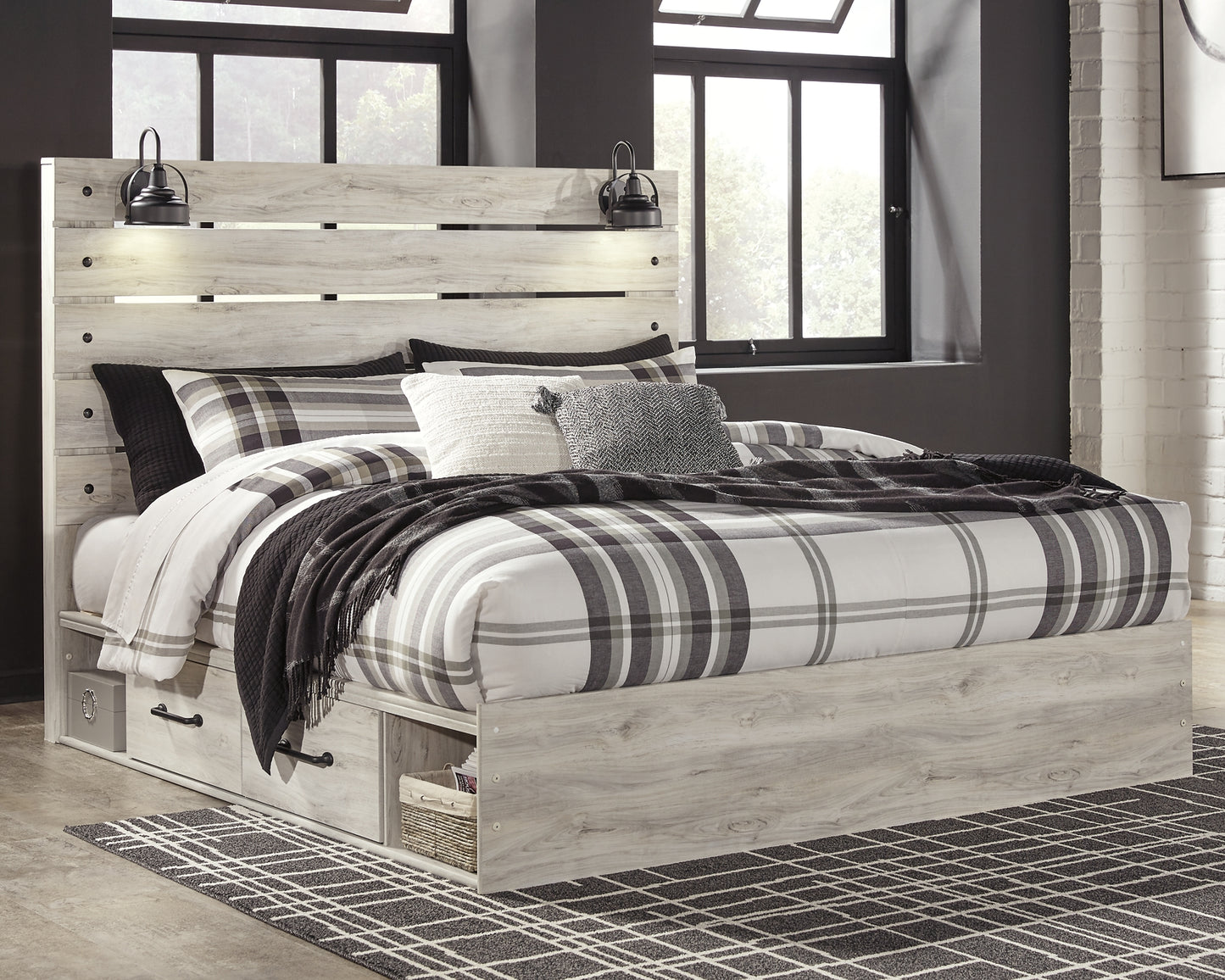 Cambeck King Panel Bed with 2 Storage Drawers with Mirrored Dresser, Chest and Nightstand