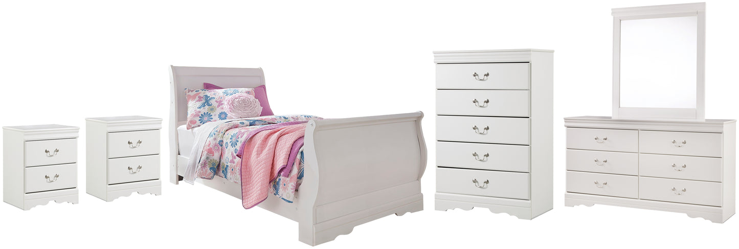 Anarasia Twin Sleigh Bed with Mirrored Dresser, Chest and 2 Nightstands